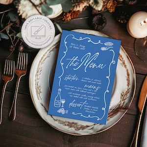 VINO Fun Menüvorlage Hochzeit | Handgezeichnetes Menü Dinner Party | Lebensmittel und Wein Illustrationen | Sofortiger Download Templett | Hochzeits-Menü