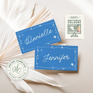 GEORGIE Hand gezeichnete blaue Platzkarte Ccard Vorlage, Symbol Illustration Hennen Hochzeit, lustige rosa Hennen Menünamen, bearbeitbare Templett Download