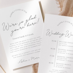 Modello per eventi del fine settimana di nozze DAZZLE, nota di benvenuto per matrimonio moderno, cronologia degli eventi di matrimonio, programma minimo per matrimonio, templatet modificabile