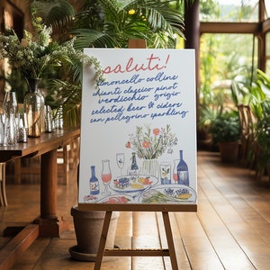 Plantilla de letrero de menú de bar peculiar TOSCANO, tablero de menú de bar grande extravagante ilustrado con garabatos dibujados a mano, descarga instantánea de plantillas
