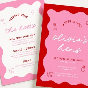 JEMMA Pink Red Hens Party Invitation Template Download, Editable Template Instant Download, Wavy border, Templett image 1