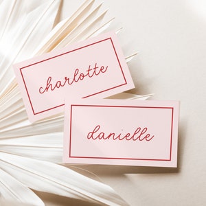 Plantilla de tarjeta de lugar para despedida de soltera rosa de MINNIE para descargar, invitación moderna con rayas para despedida de soltera con nombre de invitado, plantilla editable para descarga instantánea Templett