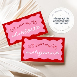 JEMMA Pink Wave Tischkarte Vorlage, bearbeitbare Wriggly Name Kartenvorlage, handgezeichnete bunte Brautdusche, Templett Sofortiger Download