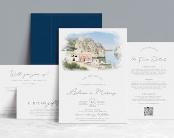 DAZZLE Custom Wedding Invitation with Watercolor Venue Painting, Editable Invitation Suite, Custom Watercolor Wedding Venue