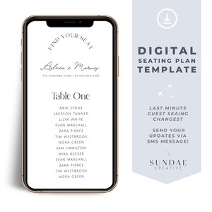 DAZZLE Wedding seating chart template, Download Minimalist Seating Plan, Modern Printable Seating Plan Editable Templett
