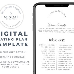 DAZZLE Digital SMS wedding seating chart template, Download Minimalist Seating Plan, Modern Printable Seating Plan Editable Templett