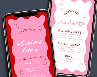 JEMMA Pink Red Digital Hens Party Invitation Template Download, Editable SMS Cell Template Instant Download, Wavy border, Templett