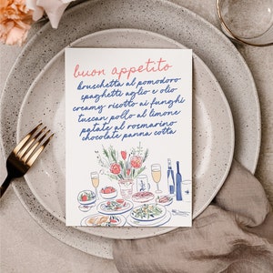 TOSCANO Skurrile bearbeitbare Hochzeitsmenü-Vorlage, handgezeichnetes, handgeschriebenes Gekritzel illustriertes wunderliches Hochzeitsmenü, Sofortiger Download Templett