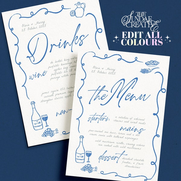VINO Hand drawn Wedding Menu template, editable Hand drawn scribble illustrated Fun Wedding Menu, Instant Download Templett