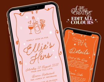 GEORGIE Digital SMS Pink Orange Bridal Shower Invitation Template, Illustration Bridal Shower, Pink Hens Invite, Editable Templett Download