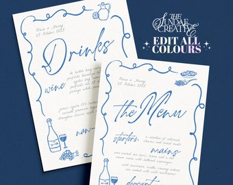 VINO Hand drawn Wedding Menu template, editable Hand drawn scribble illustrated Fun Wedding Menu, Instant Download Templett