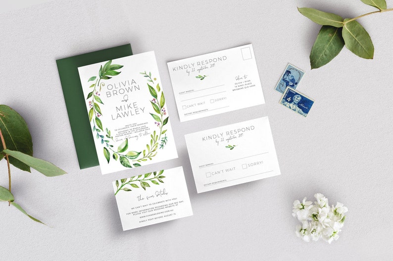 Greenery Wedding invitation Wedding invitations Botanical LEAFY Wedding invite Invitation template