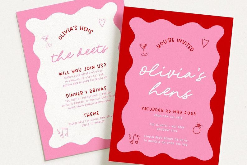 JEMMA Pink Red Hens Party Invitation Template Download, Editable Template Instant Download, Wavy border, Templett image 1