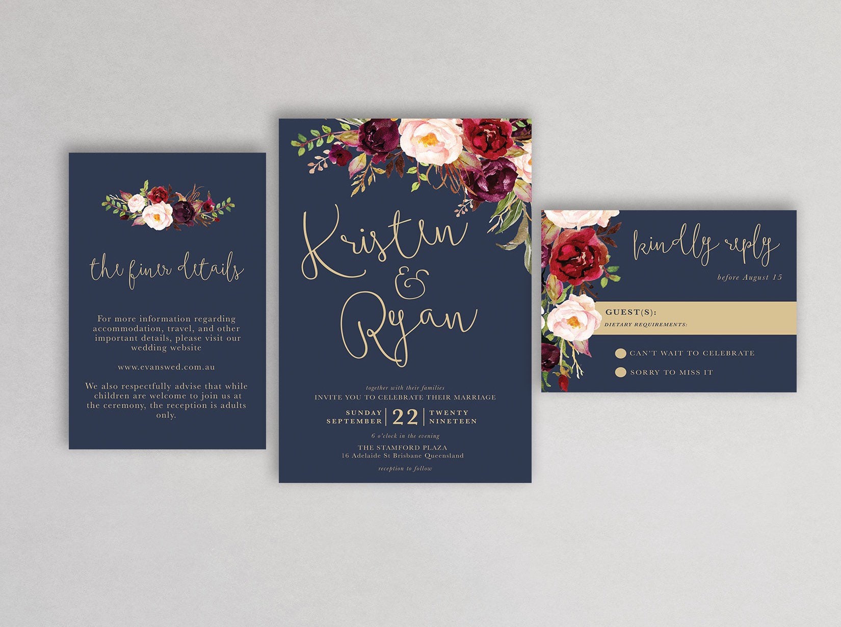 Navy Gold & Marsala Wedding Invitation, printable wedding invite, inv…
