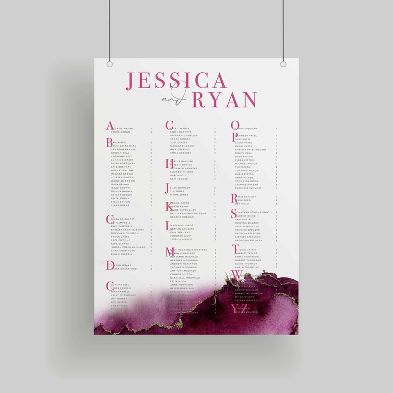 modern pink minimal wedding seating plan printable Alphabetical seating chart MIRRA Alphabetical Wedding Seating Chart