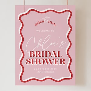HITCHED Pink Bridal Shower Welcome Sign Hot Pink, Modern Bridal Shower De cor Boho, Hens Party Sign, Templett Template Download