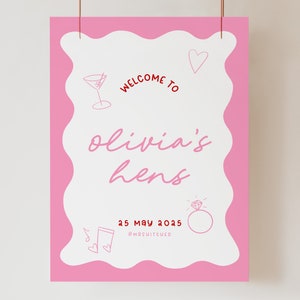 JEMMA Pink Hens Party Welcome Sign Template Download, Editable Welcome Template Instant Download, Wavy border, Templett