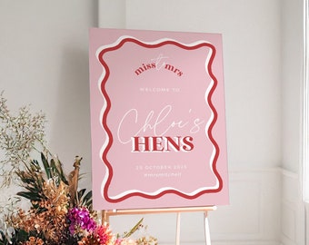 HITCHED Pink Red Modern Hens Party welcome template, Printable bacheloret te party, editable welcome template, templett instant download