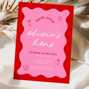 JEMMA Pink Red Hens Party Invitation Template Download, Editable Template Instant Download, Wavy border, Templett image 3