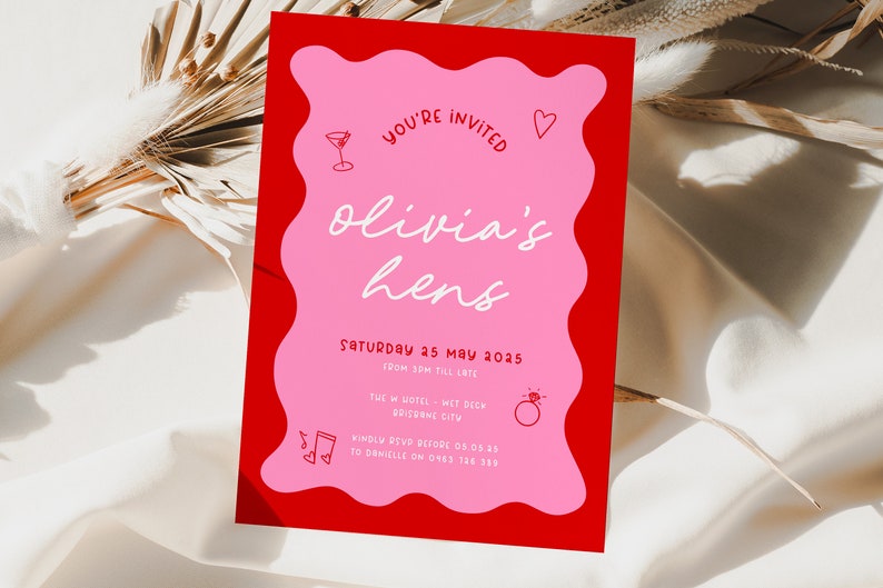 JEMMA Pink Red Hens Party Invitation Template Download, Editable Template Instant Download, Wavy border, Templett image 3