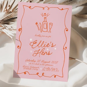 GEORGIE Modern Pink Hens Night Invitation Template, Icon Illustration Hens Weekend, Fun Pink Hens Party Invite, Editable Templett Download