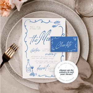 Plantilla de menú de boda con ilustración de olas de VINO, menú de boda divertido ilustrado con garabatos dibujados a mano, plantilla de descarga instantánea