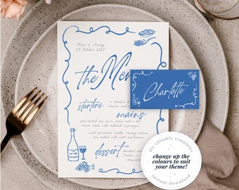 VINO Illustration Wave Wedding Menu template, Hand drawn scribble illustrated Fun Wedding Menu, Instant Download Templett