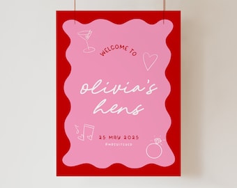 JEMMA Pink Red Wavy Bridal Shower Hens Welcome Sign Template Download, Bachelorette Welcome Template Instant Download, Wavy border, Templett