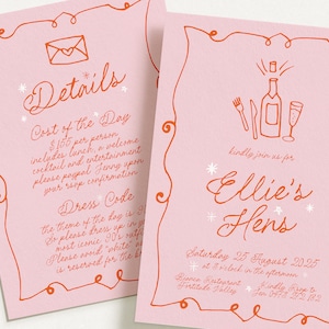 GEORGIE Hens Night Invitation Template, French Vintage Illustration Hens Weekend, Fun Pink Hens Party Invite, Editable Templett Download