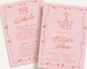 GEORGIE Hens Night Invitation Template, French Vintage Illustration Hens Weekend, Fun Pink Hens Party Invite, Editable Templett Download