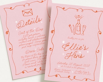 Modèle d'Invitation GEORGIE pour une soirée entre poules, illustration vintage Français week-end entre poules, invitation à une fête de poule rose amusante, téléchargement modifiable Templett