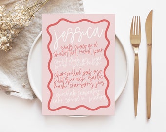 ELENI Pink Red Wavey Wedding Guest Name Menu, Hens Party Bridal Shower Menu Escort Cards, Santorini Greece Wedding, Printable Designs