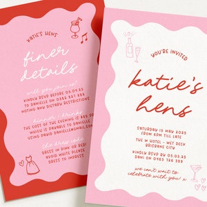 JEMMA Modern Pink Red Hens Party Invitation Template Download, Editable Template Instant Download, Squiggly Wavy border, Templett