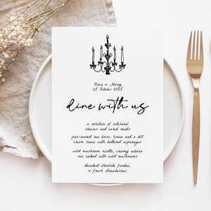 Plantilla de menú de boda de estilo francés de INES, candelabro escrito a mano dibujado a mano, menú de boda caprichoso ilustrado, plantilla de descarga instantánea