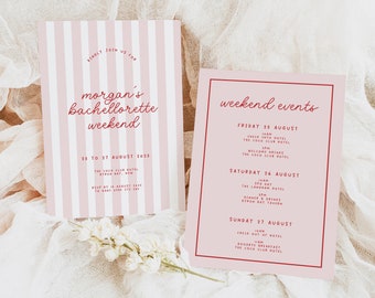MINNIE Retro Pink Red Bachelorette Weekend Invitation Template Download, Stripes Modern Invite, Editable Template Instant Download Templett