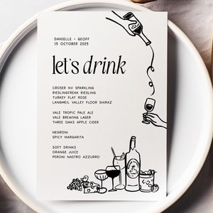 LEO Handgetekende bewerkbare sjabloon bruiloftsmenu, met de hand getekende drankjes Krabbel geïllustreerd leuk trouwmenu, Instant Download Templett