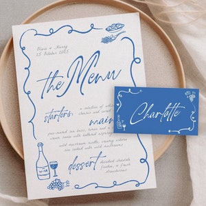 Plantilla de menú de boda editable dibujada a mano de VINO, menú de boda divertido ilustrado con garabatos dibujados a mano, plantilla de descarga instantánea