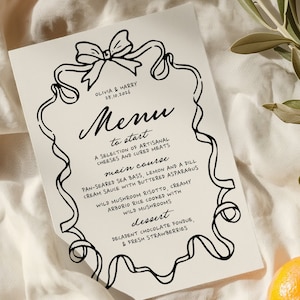 MURPHY Bow Border Wedding Menu template, editable Hand drawn scribble illustrated Fun Wedding Menu, Instant Download Templett