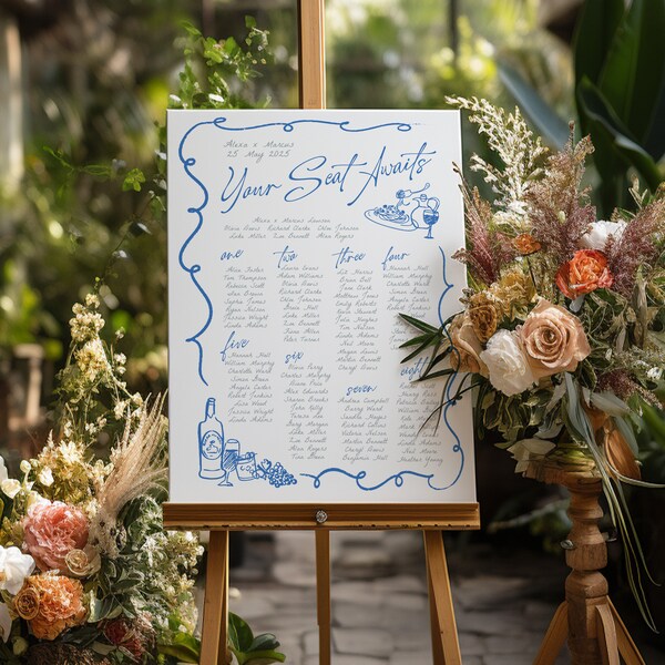 Modèle de tableau de sièges de mariage VINO Wavey Fun, gribouillage dessiné à la main illustré menu de mariage amusant, téléchargement instantané Templett, mariage bleu