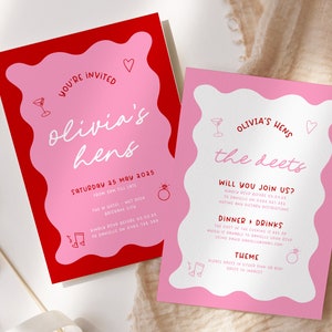 JEMMA Pink Red Hens Party Invitation Template Download, Editable Template Instant Download, Wavy border, Templett image 8