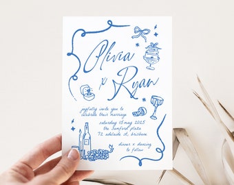 VINO Hand drawn Wedding Invitation template, Hand drawn scribble illustrated Fun Wedding Invite, Instant Download Templett