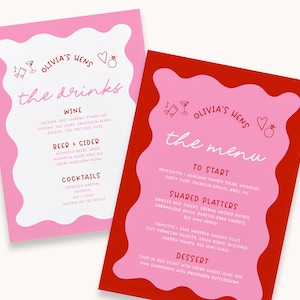JEMMA Pink Wave Menüvorlage, Pink Brautdusche Menü, Hens Party druckbare Menü, Hochzeit Menü Vorlage, Templett Sofort Download