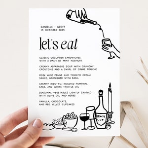 Plantilla de menú de boda editable moderna LEO, menú de boda divertido ilustrado con garabatos de bebidas dibujadas a mano, descarga instantánea de plantillas