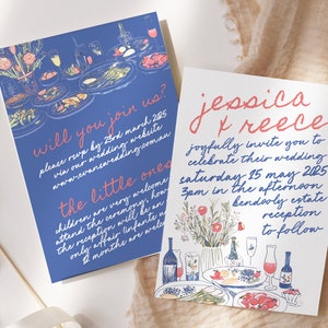 TOSCANO Handgezeichnete Hochzeitseinladungs-Vorlage, bearbeitbares handgeschriebenes illustriertes wunderliches Hochzeitsmenü, Sofortiger Download Templett