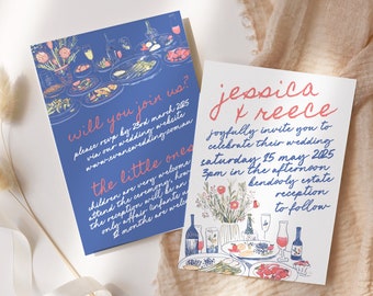 TOSCANO Handgezeichnete Hochzeitseinladungs-Vorlage, bearbeitbares handgeschriebenes illustriertes wunderliches Hochzeitsmenü, sofortiger Download Templett