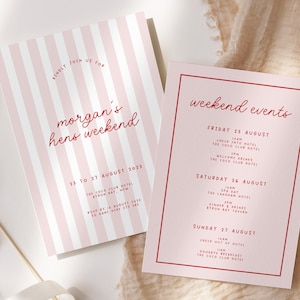 MINNIE Retro Pink Red Hens Party Weekend Invitation Template Download, Stripes Modern Invite, Editable Template Instant Download Templett