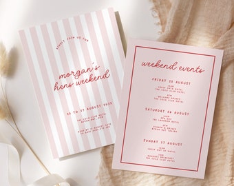 MINNIE Retro Pink Red Hens Party Weekend Invitation Template Download, Stripes Modern Invite, Editable Template Instant Download Templett