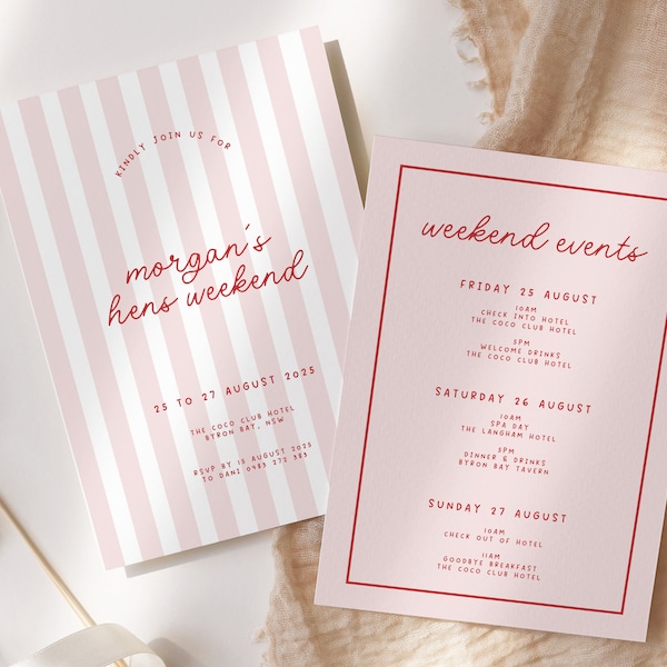 MINNIE Retro Pink Red Hens Party Weekend Invitation Template Download, Stripes Modern Invite, Editable Template Instant Download Templett