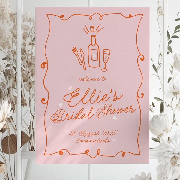 GEORGIE Modern Pink Bridal Shower Welcome Sign Template, Illustration Bridal Shower Weekend, Pink Hens Welcome, Editable Templett Download