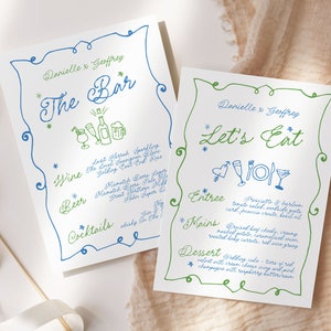 Plantilla de menú de boda dibujado a mano con ondas de GEORGIE, menú de bar de bebidas para la cena, ilustración de garabatos escritos a mano, plantilla editable para descargar